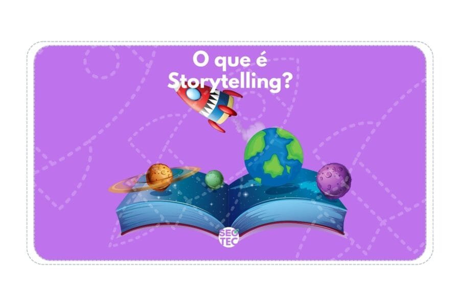 Imagem de livro aberto com figuras em 3D e a pergunta: O que é Storytelling?
