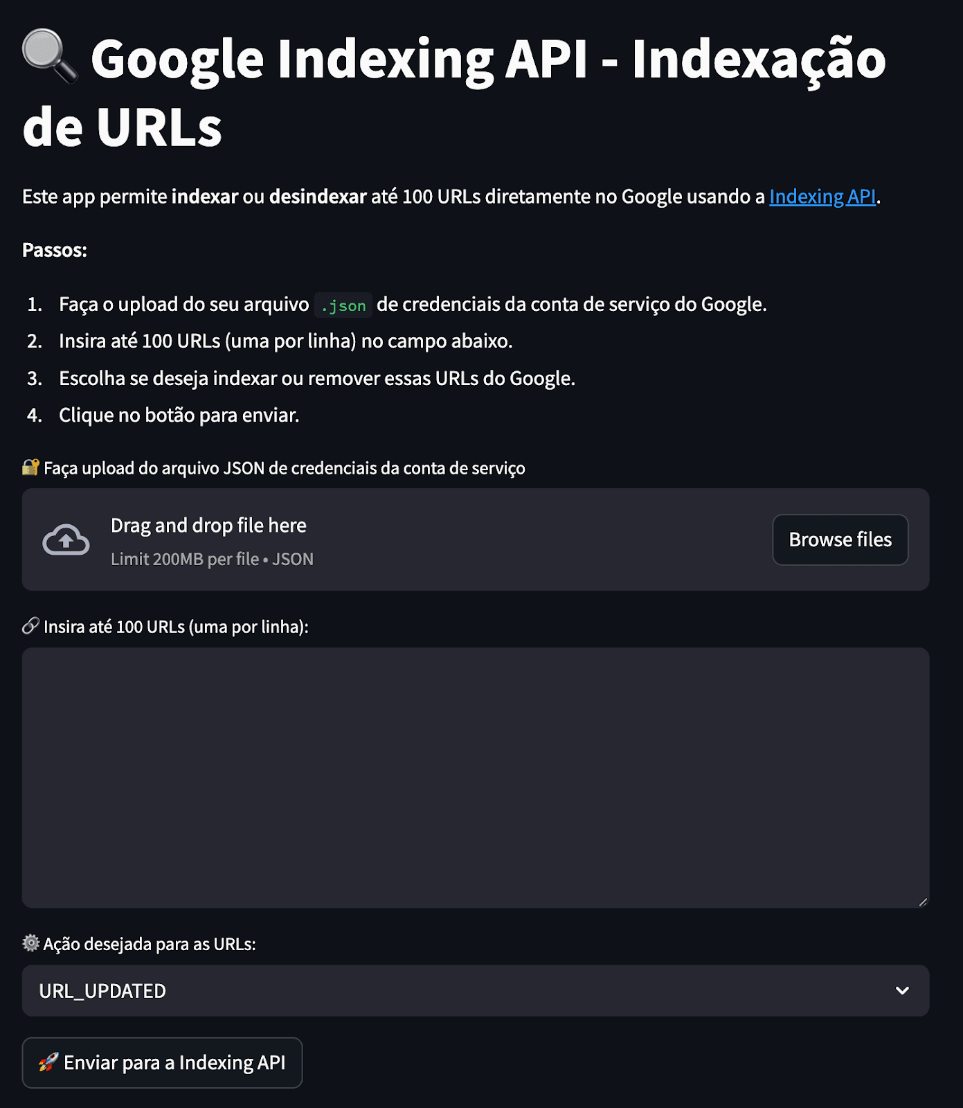 Imagem de ferramenta python para indexação de URLs no Google