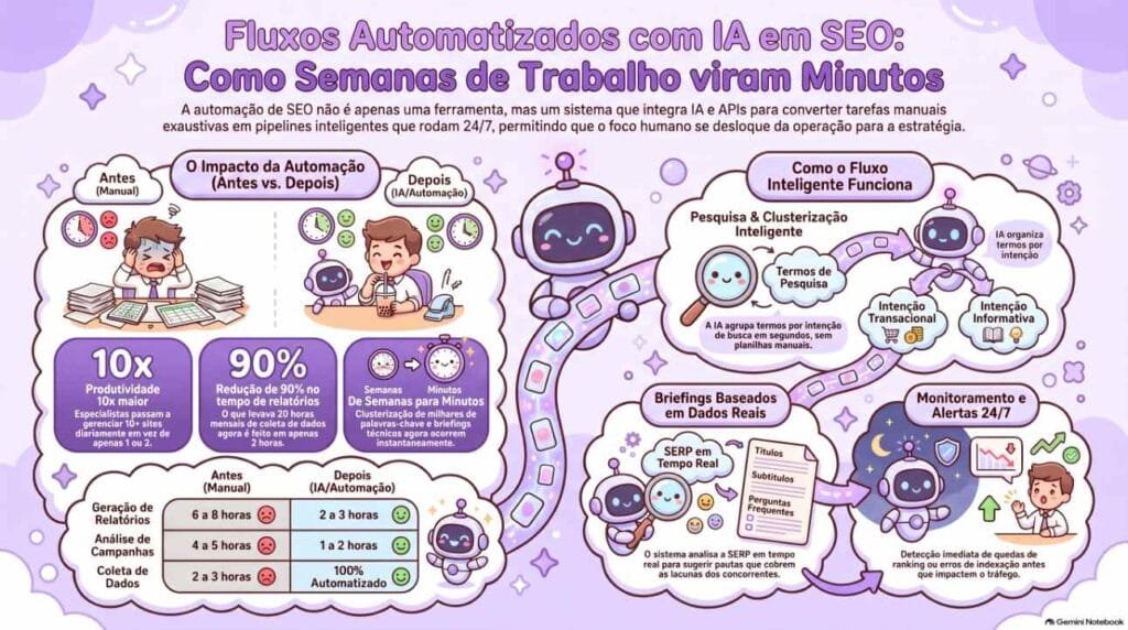 Infográfico em português sobre Fluxos Automatizados com IA em SEO: Como Semanas de Trabalho viram Minutos. Mostra antes e depois da automação, etapas como pesquisa, clusterização, briefs, SERP, monitoramento e alertas 24/7.