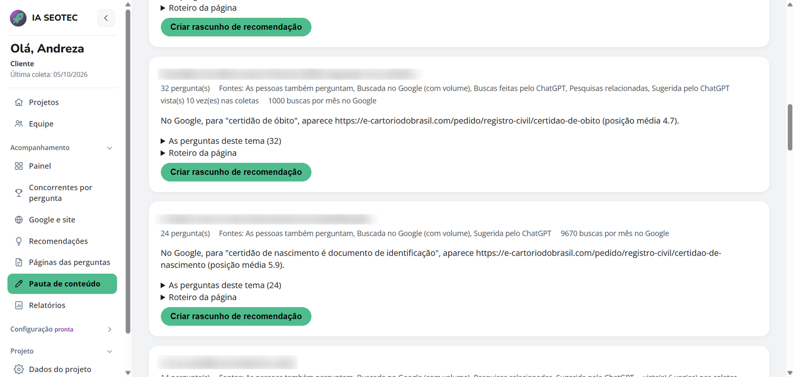 Sugestões de pautas de conteúdo geradas a partir da análise de IA da SEOTEC