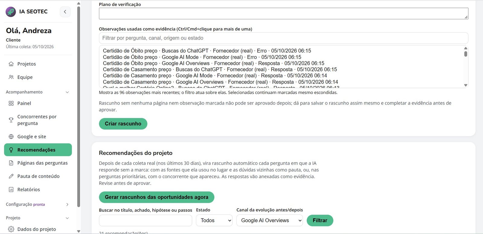 Recomendações estratégicas de SEO e IA fornecidas pela IA SEOTEC