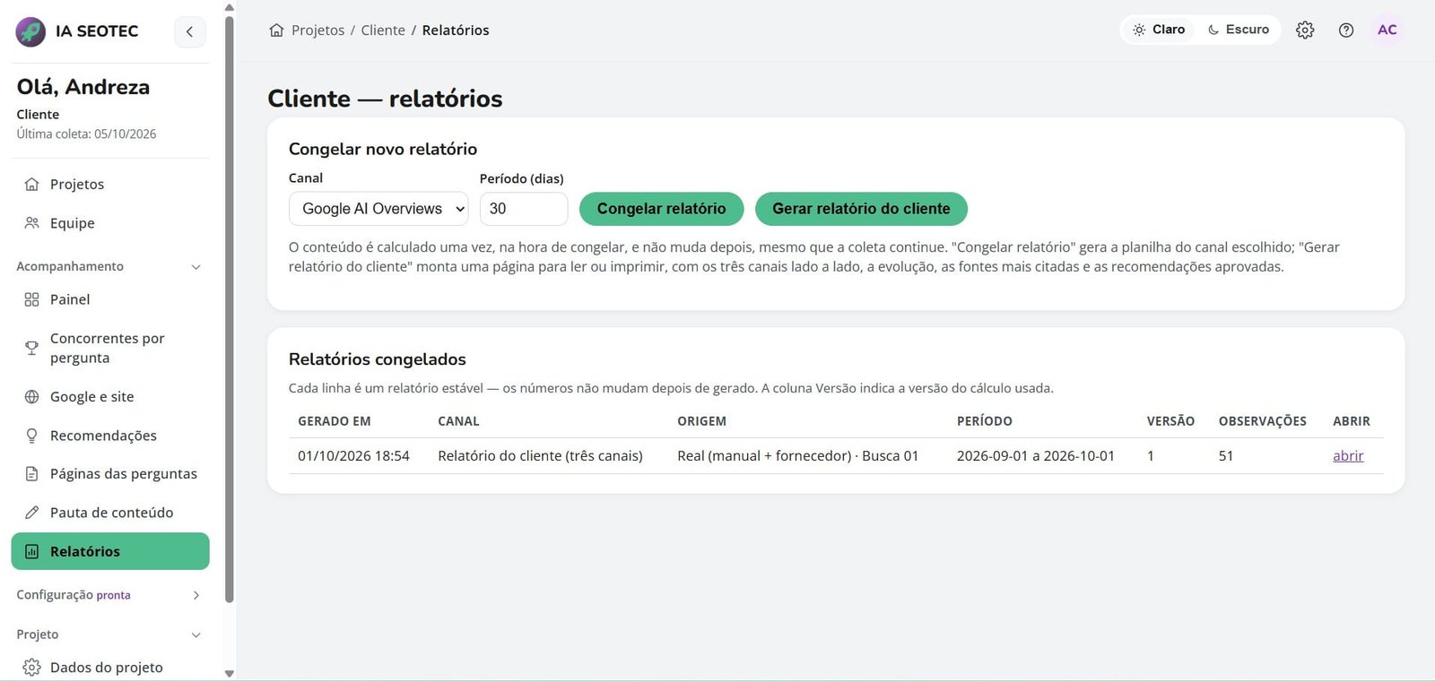 Relatórios de performance e visibilidade da IA SEOTEC